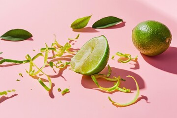 Aufkleber - A lime fruit cut in half on a pink surface, great for food or still life photography