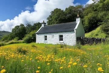 Poster - Charming white cottage surrounded by vibrant wildflowers and greenery on a sunny day in the countryside