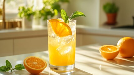 Poster - A refreshing glass of freshly squeezed  with ice cubes, garnished with a slice of orange and a mint sprig, set on a bright, sunlit kitchen counter.