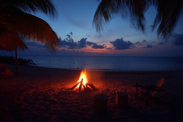 Aufkleber - Campfire at dusk on the beach providing warmth and light beside a tranquil ocean under a vibrant sunset sky