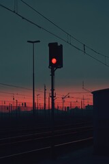 Poster - A red traffic light situated beside a railroad track, often used as a cautionary sign for trains