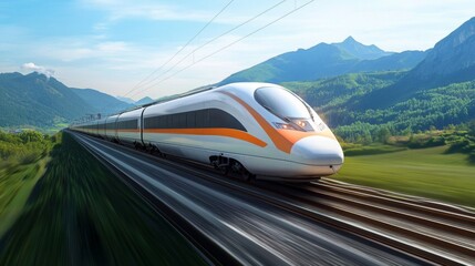 Fototapete - A sleek high-speed train speeding through a rural landscape, with mountains in the background and clear blue skies above.