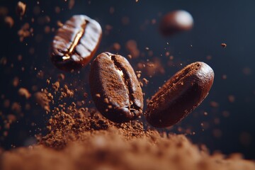 Aufkleber - Roasted coffee beans hover above finely ground coffee creating an inviting aroma and rich texture in a dark setting