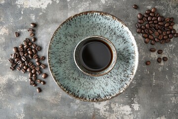 Poster - Warm coffee in a rustic cup surrounded by roasted coffee beans on a textured surface