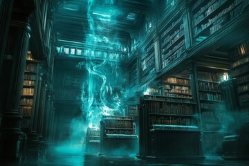 Poster - Mysterious library filled with ancient books and ethereal light at dusk