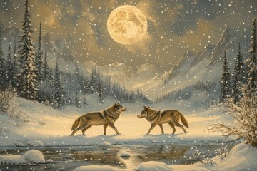 Poster - Wolves encounter each other in a snowy landscape under a full moon