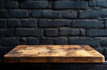 Poster - Rustic wooden table against dark brick wall