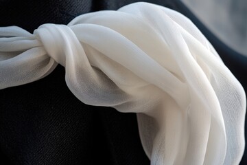 Poster - A detailed view of a white tie on a black formal jacket, suitable for fashion and luxury images