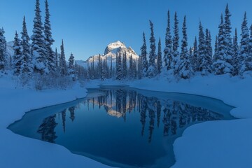 Poster - Majestic winter landscape with snowy mountains and a serene reflection in still water at dusk