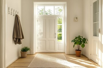 Poster - Bright and airy entryway showcases natural light and minimalist decor by a green plant and wooden flooring