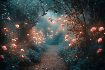 Aufkleber - Beautiful garden path surrounded by blooming roses and soft glowing lights in a tranquil setting