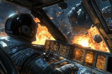 Poster - Exploration of deep space near an asteroid field with a pilot navigating through hazardous terrain