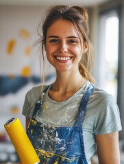 Poster - A happy woman holds a paint roller and smiles