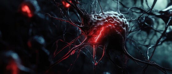 Aufkleber - A close-up of a cell with glowing red lights, often used in scientific or educational contexts