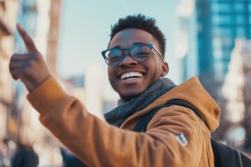 Poster - A person wearing glasses points at an object or detail