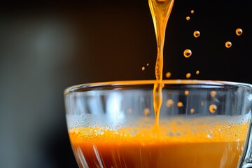 Poster - Freshly squeezed orange juice flowing into a glass with droplets captured in close-up