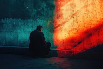 Poster - A person sitting on the ground with their back against a wall, possibly waiting or resting