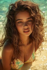 Poster - A woman relaxing in a bikini by the water's edge, perfect for summer or beach-themed content