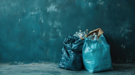 Poster - Trash bags stacked against a city wall or fence, suitable for urban or environmental themes