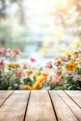 Poster - A wooden table set against a colorful floral backdrop