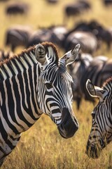 Aufkleber - Wild zebras grazing on a lush grassy field