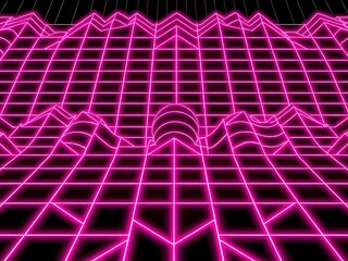 Fototapete - Retro Neon Grid Abstract Background, 3D Mesh Design with Pink Glowing Lines, Futuristic Digital Art for Graphics.