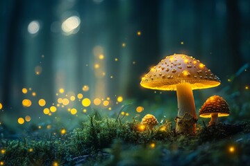 Aufkleber - Glowing mushrooms illuminate forest floor during twilight in enchanted woodland setting with shimmering lights