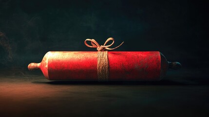 Poster - A red object wrapped in rope and tied with a bow, ideal for use as a decorative element or to add a pop of color to your design