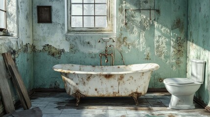 Aufkleber - An old-fashioned bathtub sits in a worn-out bathroom, with peeling paint and rusty fixtures