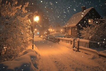 Aufkleber - Nighttime scene of a snowy street with a street light in the foreground