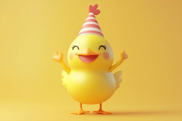 Aufkleber - Cheerful cartoon chick in party hat celebrates with open arms against a bright yellow background