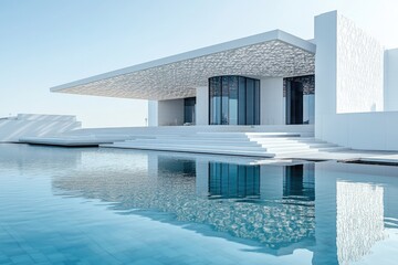 Poster - A modern building with a swimming pool in the foreground