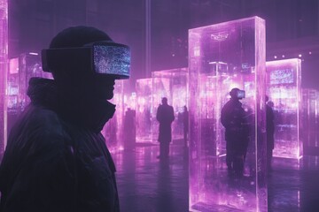 Aufkleber - Immersive experience in futuristic exhibit featuring vibrant holographic displays at night