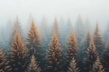 Poster - Misty forest landscape showcasing evergreen trees under a soft morning light in a tranquil setting