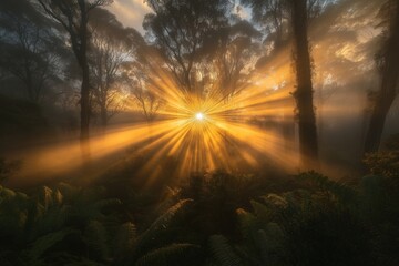 Poster - Golden sunlight filters through misty trees in a tranquil forest at dawn, creating an ethereal atmosphere of serenity and beauty