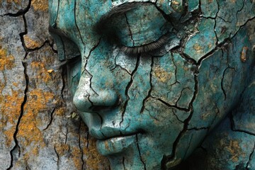 Poster - Artistic sculpture of a woman's face merging with tree bark textures in a tranquil forest setting