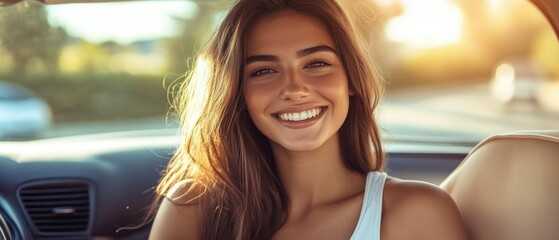 Poster - A beautiful young woman sits comfortably in her car, ready to go