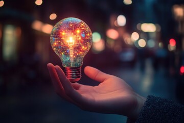 Poster - A person holds a glowing light bulb in their hand, with a warm and cozy glow