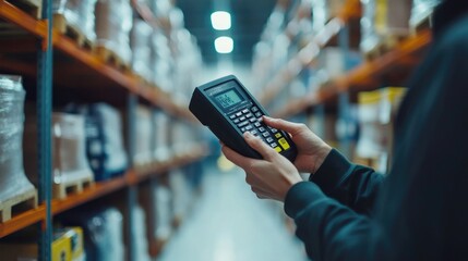 Aufkleber - A person is holding a calculator in a warehouse setting