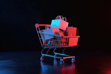 Fototapete - A shopping cart filled with various shopping bags on a table