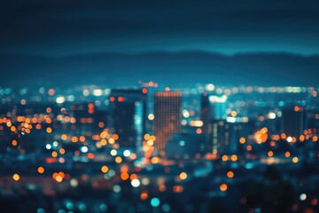 Poster - A nighttime view of a city from a distance, with buildings and lights visible