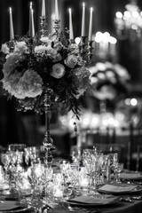 Aufkleber - A formal dinner table set with plates, glasses, and silverware in a classic black and white design