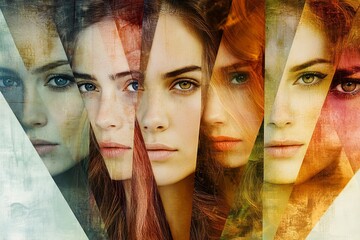 Leinwandbilder - Collage of diverse female faces showcasing different expressions and hair colors in a colorful and artistic arrangement