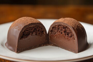Poster - Decadent chocolate dessert with rich filling and cocoa powder dusting on a white plate