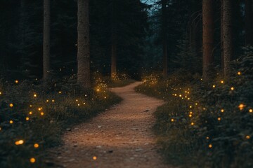 Poster - Twinkling fireflies illuminate a winding path through a tranquil forest at dusk