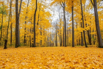 Poster - Autumn forest path covered with vibrant yellow leaves in a tranquil woodland setting