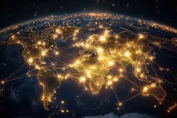Poster - Global connectivity represented on an illuminated world map with golden lights connecting cities and regions