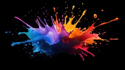 Poster - A vibrant splash of colorful paint against a black background, showcasing bright hues of blue, pink, yellow, and orange.