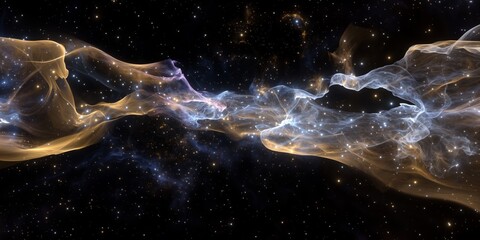 Wall Mural - Ethereal nebula with golden and blue wisps, set against dark starry sky. Cosmic cloud with glowing strands, alongside scattered stars. Vast celestial formation with soft hues and subtle cosmic dust
