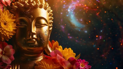 Wall Mural - a golden buddha statue surrounded by flowers, with a sparkling galaxy background.